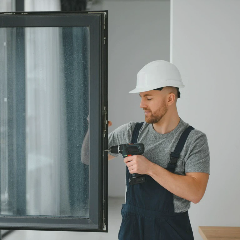 mężczyzna w&nbsp;kasku naprawia okno